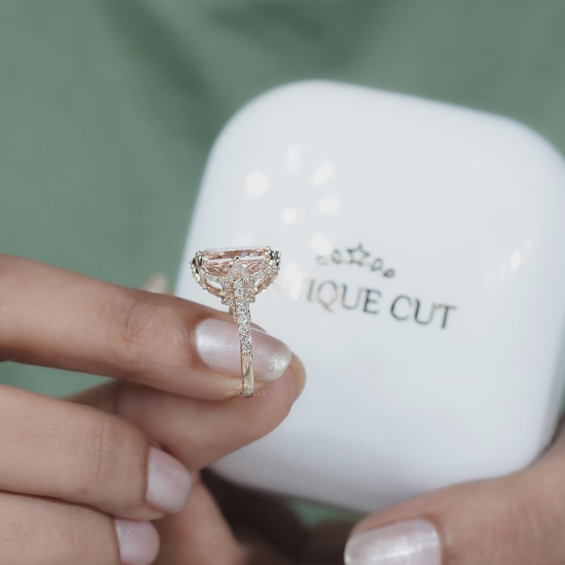 Fancy Pink Radiant Cut Diamond Ring With Pave Band | Yellow Gold | IGI Certified image 10