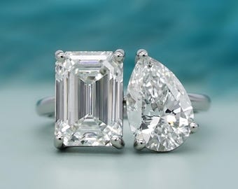 Toi Et Moi Engagement Ring Emerald & Pear Shape Diamond Duo | Lab Grown Diamond Ring in Elegant Minimal Prong Setting for Bridal Proposal