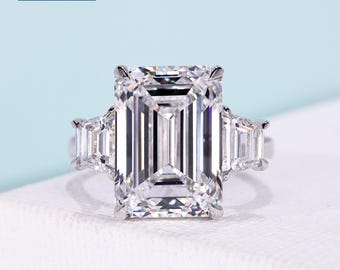 11.23 TCWEmerald Cut Lab Grown Engagement Ring with Step Cut Side Trapezoid Diamonds, 4 Claw Prong in 14K White Gold, IGI Certified