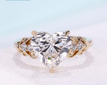 3.13 TCW  Lab Grown Heart Shaped Diamond Ring with 3 Claw Prong Setting and IGI Certified Round Cut Side Stones, 14K White Gold