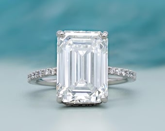 Emerald Cut Hidden Halo Engagement Ring With Pavé Diamond Band in White Gold | Secure Prong Setting for Engagement & Wedding Wear