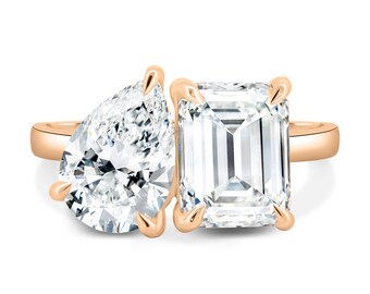 Bague De Fiançailles Toi Et Moi – Diamants De Labo 2 Ct – Émeraude Et Ovale – Or Rose 10 Carats – Certifiée IGI