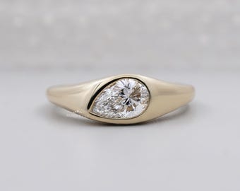 Pear-Shaped Diamond Signet Ring, East-West Bezel Setting, Yellow Gold Lab-Grown Diamond Jewelry
