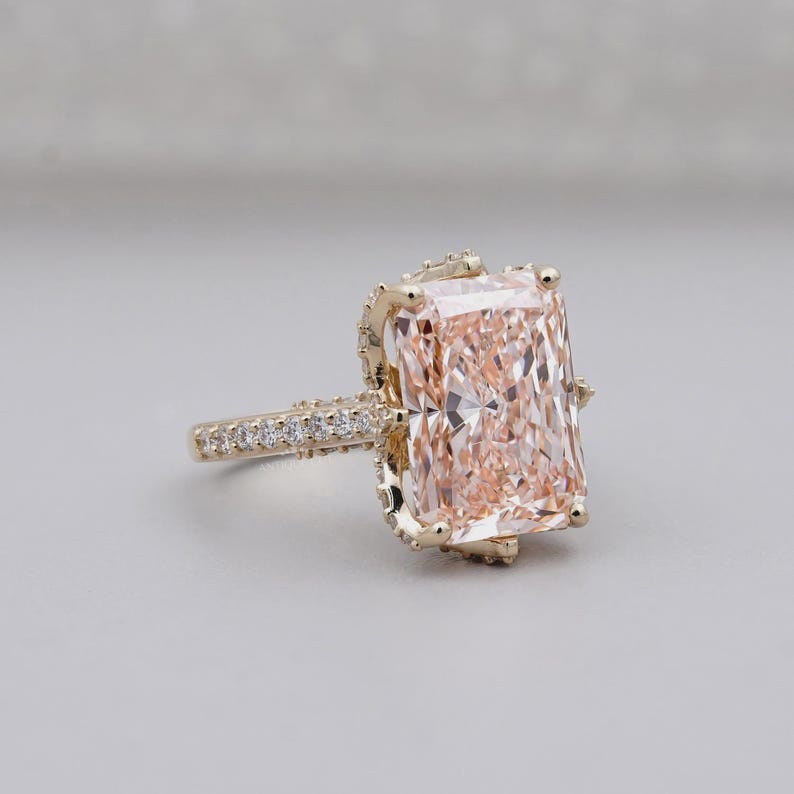 Fancy Pink Radiant Cut Diamond Ring With Pave Band | Yellow Gold | IGI Certified image 2