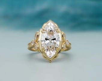 Vintage Marquise Engagement Ring – Double Prong Diamond Ring with Side Stones | IGI Certified