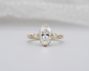 Oval Diamond Engagement Ring with Hidden Halo and Three Stone Design | Yellow Gold Vintage Ring