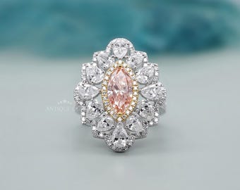 Fancy Pink Lab Grown Diamond Marquise Cluster Halo Ring in White Gold | IGI Certified Engagement Ring for Women Bridal Jewelry