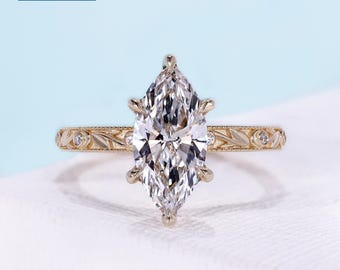 2.16tcw Vintage Marquise Engagement Ring Features By Six Claw Prongs, Hidden Halo & Milgrain Detailing | IGI certified by Antiquecut design