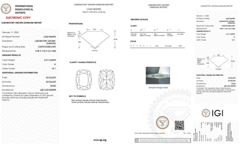 Kussen 3,01 ct G VS1 IGI-gecertificeerde diamant / Excellent Cut Loose lab-grown diamant voor jubileum en verlovingsring. afbeelding 2