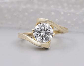 Round Diamond Bypass Engagement Ring with Heart  Hidden Halo in  Yellow Gold
