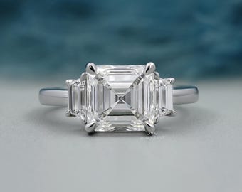 Three Stone Square Emerald Diamond Ring, Tapered Step Cut Side Stones, Minimalist Bridal Jewelry