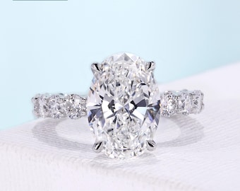 6.44 TCW Oval-Shaped Engagement Ring with 4 Claw Prong Setting and Round Cut Pave Band in 14K White Gold, IGI Certified