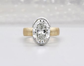 Bezel Set Oval Engagement Ring with Solitaire Diamond | Two Tone Wedding Ring in Yellow Gold | IGI Certified