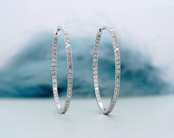2.50tcw Diamond Hoop Earrings | Large 14K Gold Inside Outside Hoops | Sparkling Round Diamond Hoops | Gift for Her