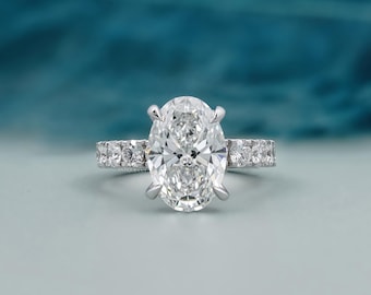 Oval Solitaire Lab Grown Diamond with White Gold Pavé Band in Engagement Ring