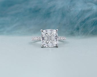 Cushion Cut Hidden Halo Engagement Ring With Pave Band | Modern Bridal Ring for Her | IGI Certified