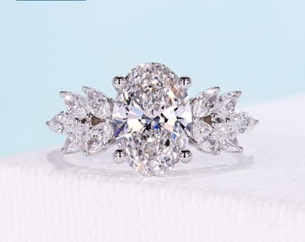 2.69tcw Oval Cut Diamond Engagement Ring with 4 Round Prong Setting,Marquise Side Stones and Floral Side Stones,14k White Gold,IGI Certified