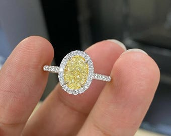 Oval Fancy Yellow 1.92tcw Lab Grown Diamond Halo Pave Engagement Ring, EF Color, VS Clarity - IGI Certificate