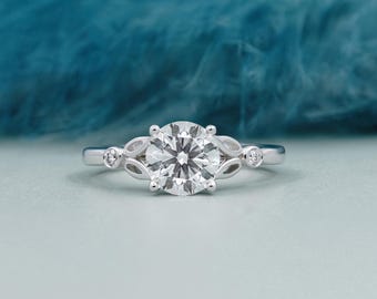 Round Cut Diamond Engagement Ring with Leaf Side Accents in White Gold | IGI Certified