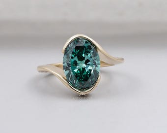 Fancy Green Oval Cut Diamond Engagement Ring | Yellow Gold Bypass Solitaire Design | Proposal Gift | IGI Certified