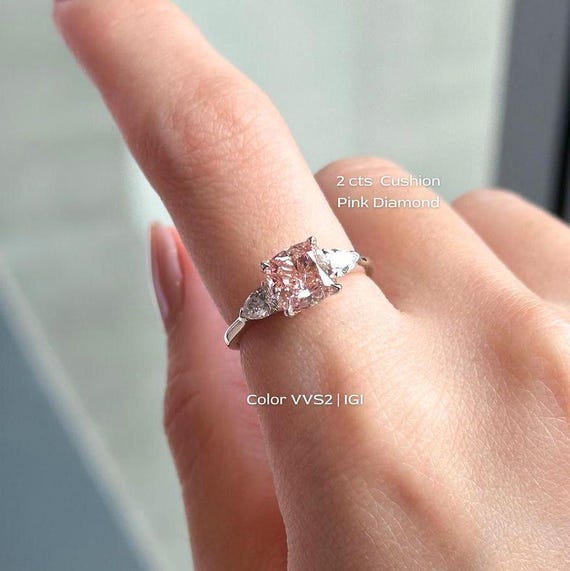 Fancy Pink Cushion 2.60tcw Lab Diamond Ring | Pear Side Stones