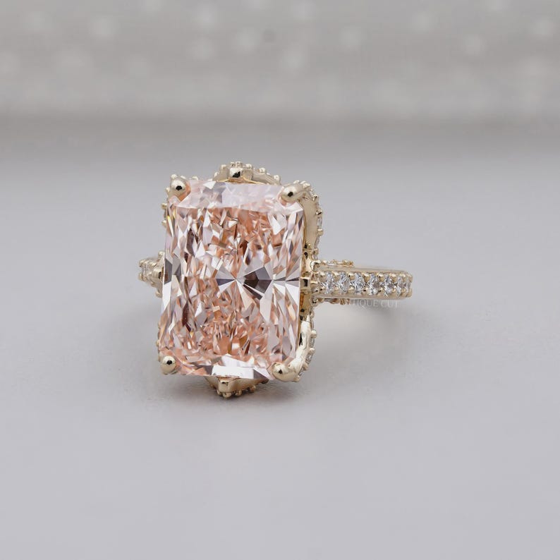 Fancy Pink Radiant Cut Diamond Ring With Pave Band | Yellow Gold | IGI Certified image 3
