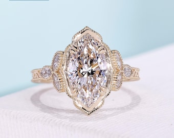 Unique Marquise Engagement Ring, Vintage-Inspired Seven-Stone Design, 14K Yellow Gold, IGI-Certified Lab Diamond