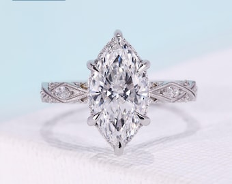 2.23 TCW Marquise Cut Diamond Engagement Ring with 6 Claw Prong Setting and Hidden Halo, Round Cut Side Stones in 14K White Gold