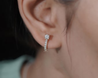 Round Diamond Hoop Earrings, Pave Set Small Hoops, Fine Jewelry Gift for Women