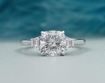 Cushion Cut Center Stone Engagement Ring With Tapered Baguette Side Stones | Lab Grown IGI Certified Bridal Jewelry