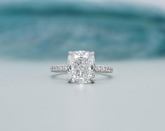Hidden Halo Cushion Cut Engagement Ring With Pave Band | IGI Certified