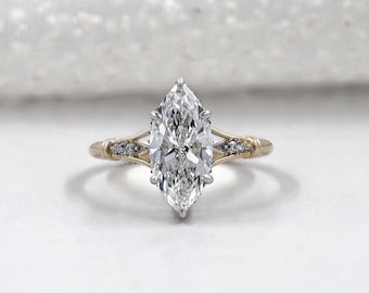 Anillo de compromiso con talla marquesa y brazo dividido con diseño vintage / Certificado por IGI
