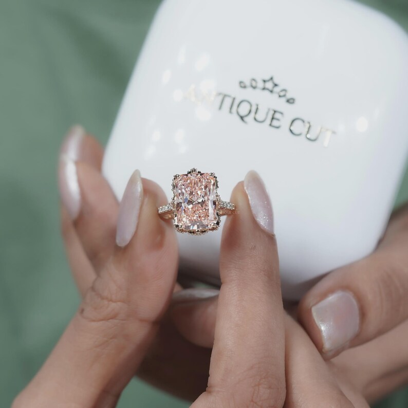 Fancy Pink Radiant Cut Diamond Ring With Pave Band | Yellow Gold | IGI Certified image 9