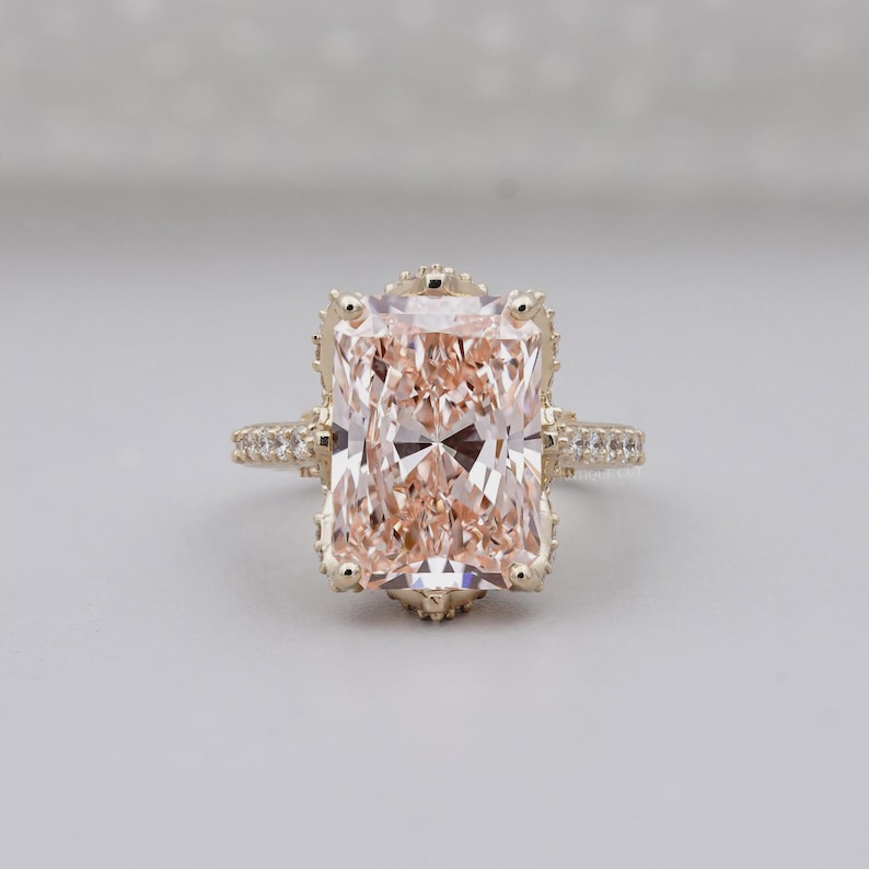 Fancy Pink Radiant Cut Diamond Ring With Pave Band | Yellow Gold | IGI Certified image 1
