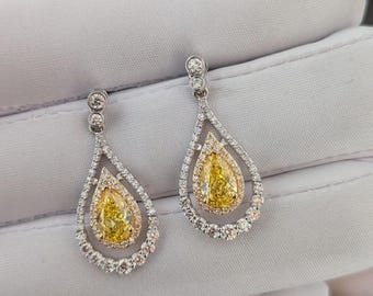 Birne 3.47tcw schicker gelber Labor gewachsener Diamant, zweifarbiger doppelter Halo-Ohrring, VS Klarheit
