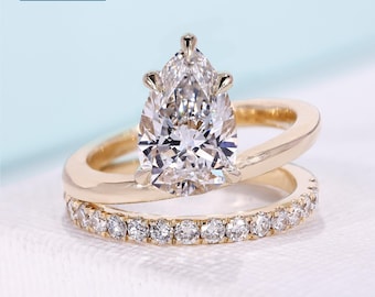 3.06 TCW Pear Diamond Engagement Ring with Five Claw Prong Setting, IGI Certified Unique Double Band, Eternity and Round Cut Pavé Design