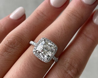 18K White Gold 2 Mm Cushion Lab Grown Diamond Ring /Halo-set diamond / Engagement Ring