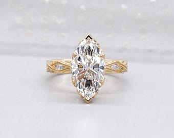 Marquise Cut Hidden Halo Engagement Ring With Vintage Style | IGI Certified