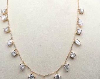 7.50tcw Labor gewachsene Diamant-Halskette | Multi-Shape Rund, Birne, Oval, Marquise, Smaragd, Prinzessin | Gelbgold | IGI-zertifiziert