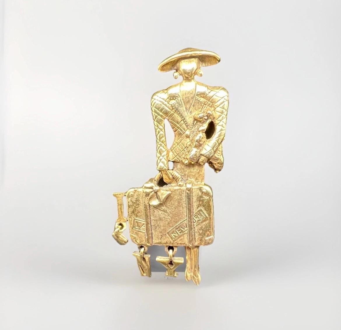 Broche Vintage Dorée AJC 8,3 Cm Avec 5 Personnages Et Cœurs Pendants - Décoratif