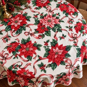 Vintage 1980s Christmas Tablecloth 68”  Round Poinsettia Pink Bows Nutcracker Holiday Table Linen