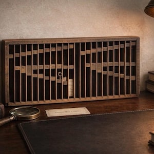 May include: A vintage wooden printer's tray with numerous small compartments, displayed on a dark wooden desk. A magnifying glass, inkwell, and books are nearby. A small card with text is visible. A brass desk lamp with a lit bulb is in the background.