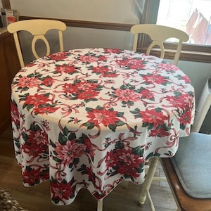 Vintage 1980s Christmas Tablecloth 68”  Round Poinsettia Pink Bows Nutcracker Holiday Table Linen