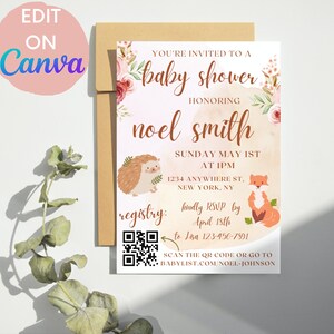 Bearbeitbare Wald Baby Shower Einladung, Wald Blumen Baby Shower Einladung, Instant Download, Baby Shower Vorlage für Canva