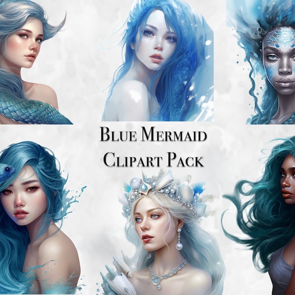Watercolor Blue Mermaid Clipart Pack, Mermaid Princess Clipart, Underwater, Instant Download