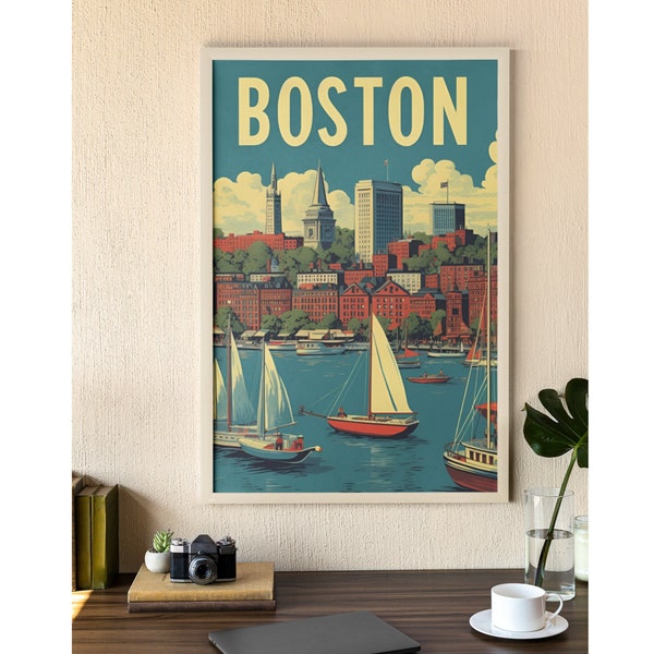 Boston Massachusetts USA Retro Art Print, Boston Wall Art Illustration, Boston Vintage Minimal Design Poster