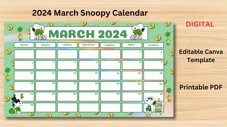 2024 Snoopy March Calendar Editable Canva Template & PDF Printable