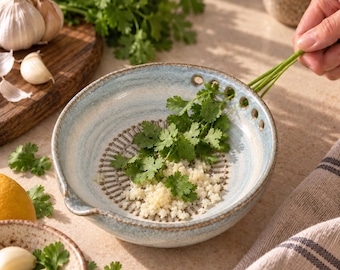 May include: A light blue ceramic grater bowl with a textured, ridged center for grating garlic or ginger. The bowl features a small spout and a series of holes along the rim for stripping herb stems. It contains grated garlic and fresh cilantro.
