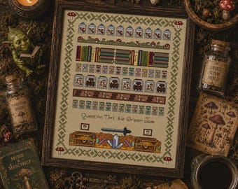 Goblin Sampler Cross Stitch Pattern PDF, Woodland Cottagecore Folk Art Design