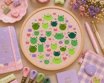 Frolicy Frogs Cross Stitch Pattern | Kawaii Frog PDF Chart | Pastel Animal Decor